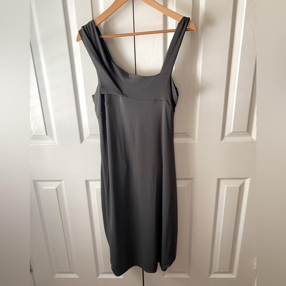 sarah pacini Charcoal Gray Stretch Crepe Square Neck Sleeveless Midi Dress 3 (L)